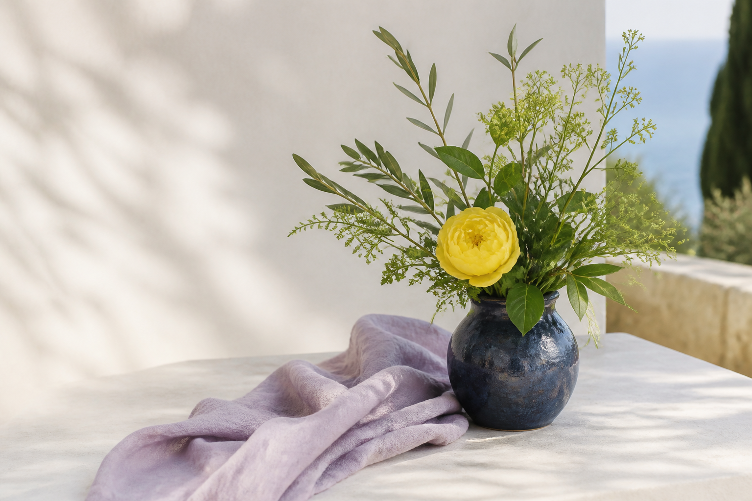 Botanical still life in lilac and lemon tones